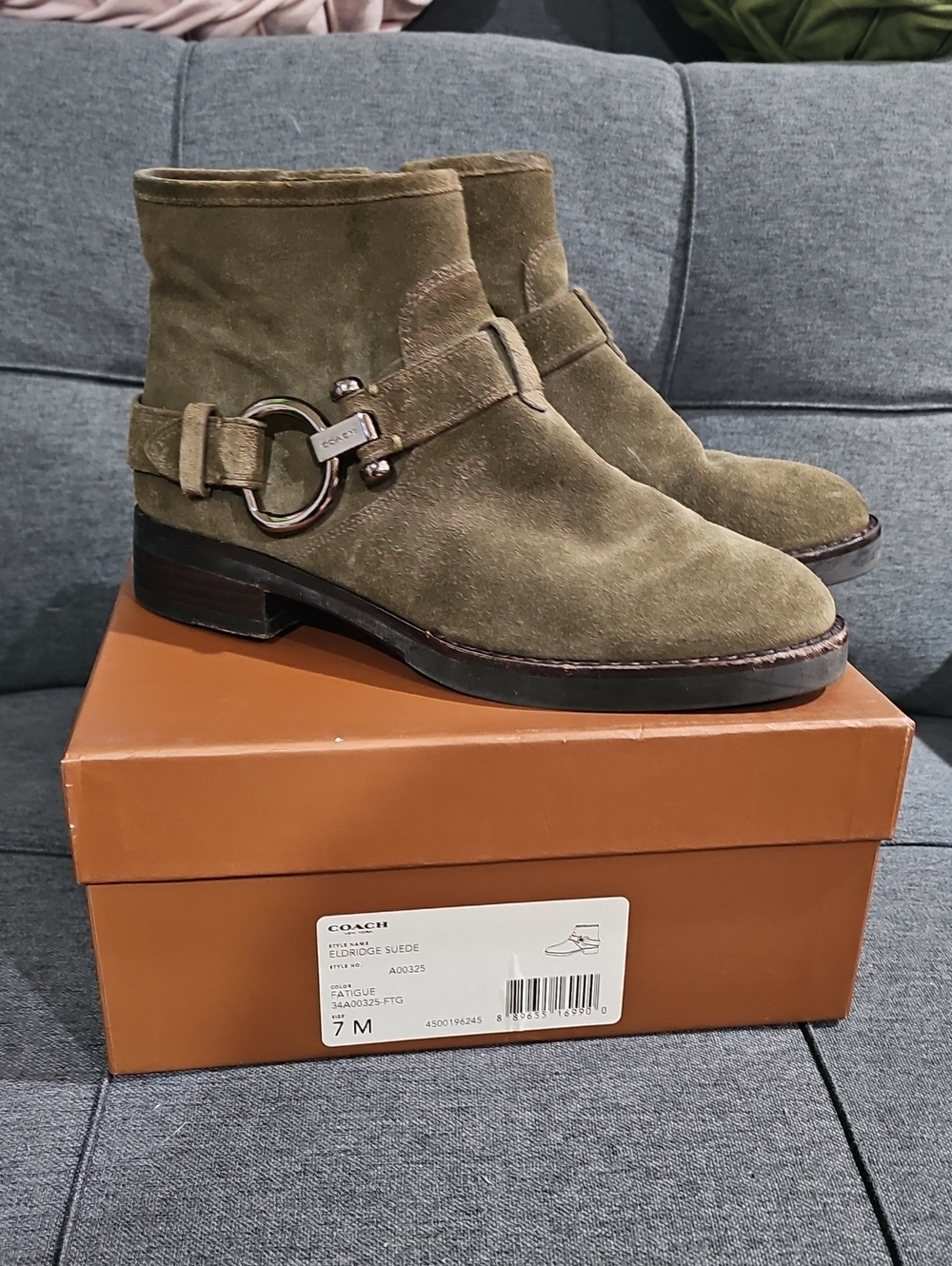 Coach Eldridge Olive Green Suede Ankle Boots with Horsebit Detail